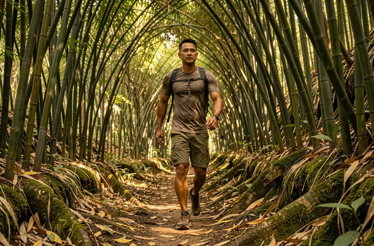 Randonneur traversant une forêt de bambous dans le parc national de Cuc Phuong au Vietnam sur un sentier ombragé et naturel