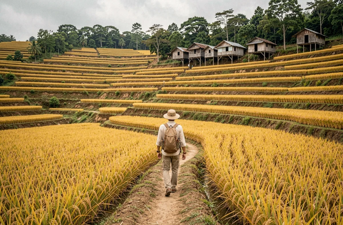 Randonneur solitaire marchant sur un sentier entre les rizières en terrasses dorées de Mu Cang Chai au Vietnam pendant la saison des récoltes