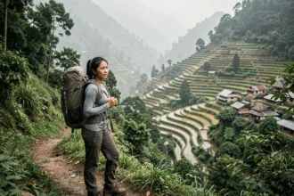 Randonneuse sur un sentier de montagne à Sapa au Vietnam avec vue sur les rizières en terrasses et les villages Hmong dans la vallée brumeuse
