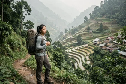 Randonneuse sur un sentier de montagne à Sapa au Vietnam avec vue sur les rizières en terrasses et les villages Hmong dans la vallée brumeuse