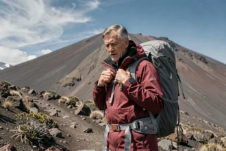 Randonneur équipé d'un sac à dos technique et d'une veste imperméable sur les pentes du Kilimandjaro