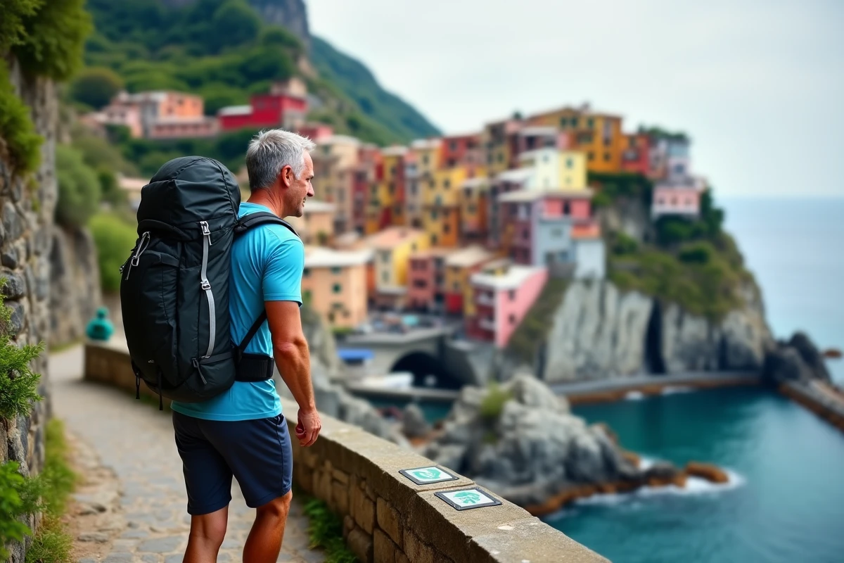 Randonneur sur un sentier ouvert au-dessus de Manarola aux Cinque Terre avec vue panoramique sur le village coloré et la côte rocheuse