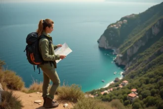 Randonneuse consultant une carte des sentiers des Cinque Terre sur un chemin côtier en falaise avec vue sur la mer Ligurienne