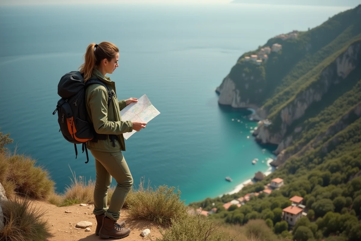 Randonneuse consultant une carte des sentiers des Cinque Terre sur un chemin côtier en falaise avec vue sur la mer Ligurienne