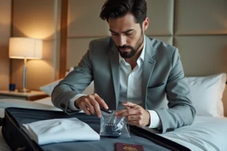 Homme emballant un rasoir électrique dans un sac de toilettes transparent pour bagage cabine