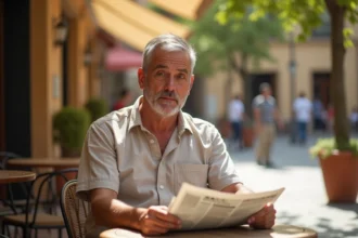 Homme lisant un journal en terrasse de café espagnol avec une cigarette non allumée, illustrant la réglementation sur le tabac en Espagne
