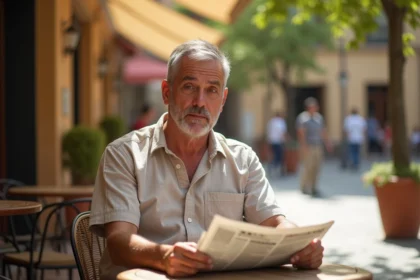 Homme lisant un journal en terrasse de café espagnol avec une cigarette non allumée, illustrant la réglementation sur le tabac en Espagne
