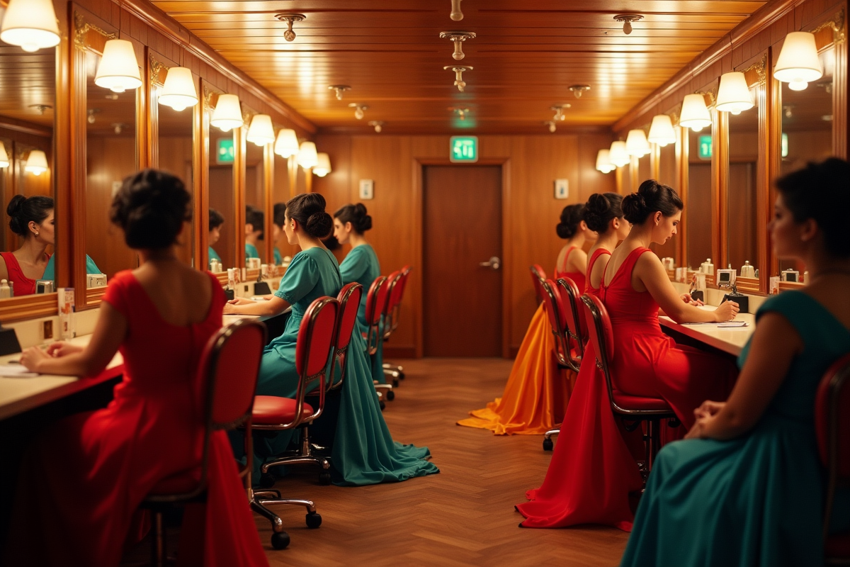 Artistes en préparation dans une loge de croisière colorée