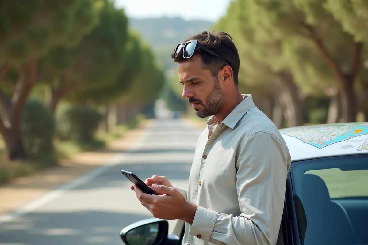 Homme réservant en ligne son parking pour Porquerolles via smartphone au bord de la route près de Hyères