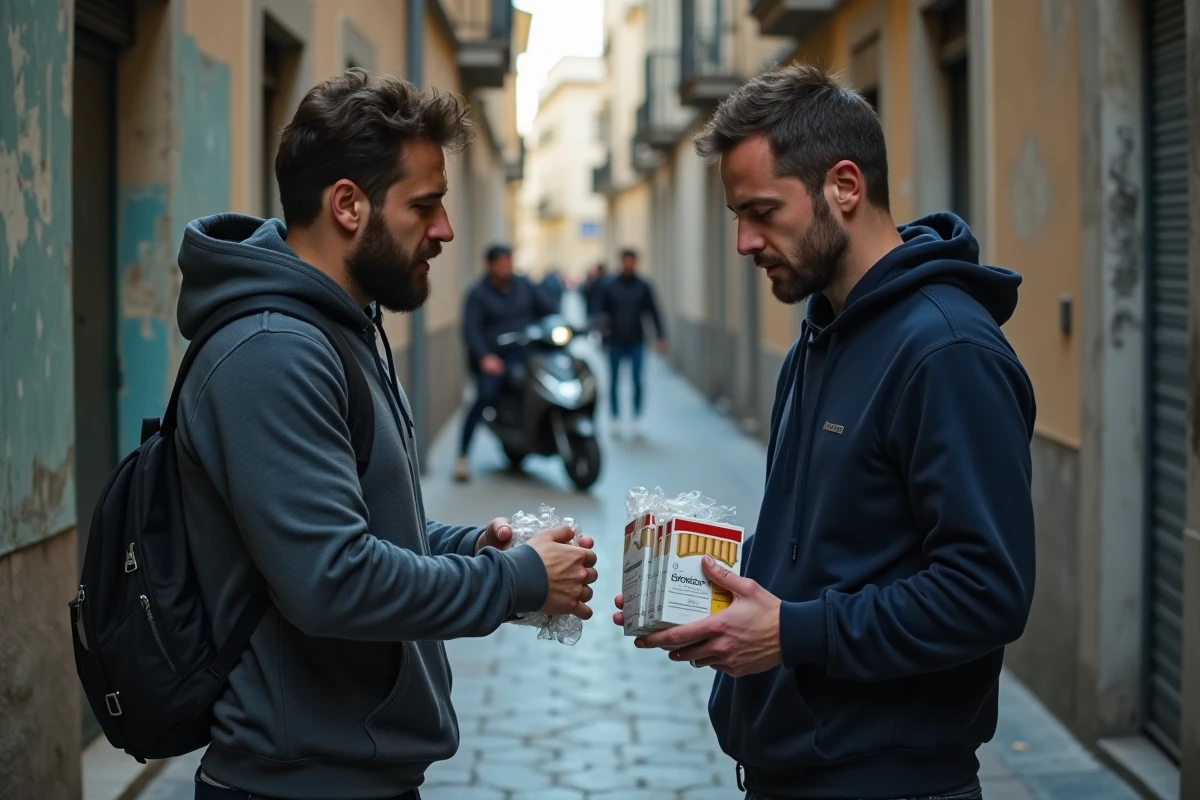 Échange clandestin de cartouches de cigarettes dans une ruelle urbaine espagnole illustrant la revente illégale de tabac