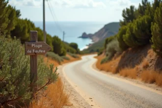 Route sinueuse à travers le maquis corse menant à la plage de Fautea Arinella, panneau indicateur en bois partiellement caché par la végétation méditerranéenne