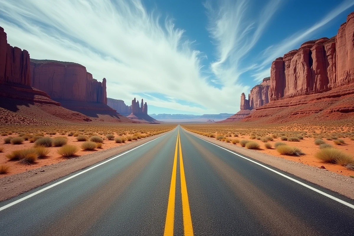 Route désertique traversant les mesas de grès rouge de l'Utah avec des formations rocheuses monumentales de chaque côté sous un ciel bleu clair