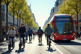 Rue animée en ville avec vélos et bus pour {titre}