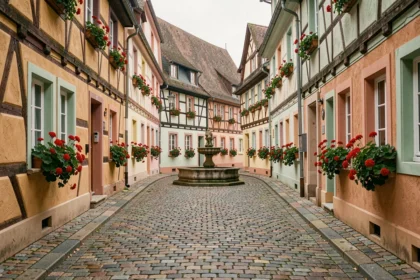 Ruelle circulaire pavée d'Eguisheim avec maisons à colombages colorées et géraniums rouges en Alsace