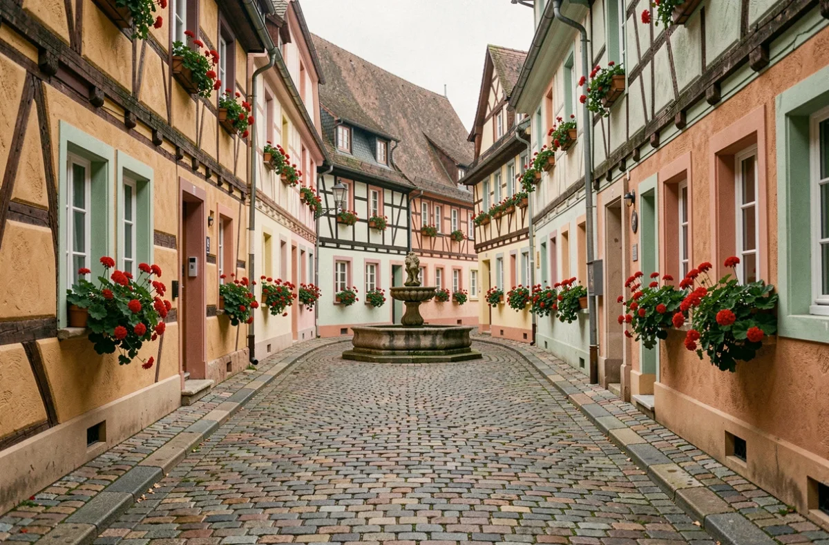 Ruelle circulaire pavée d'Eguisheim avec maisons à colombages colorées et géraniums rouges en Alsace