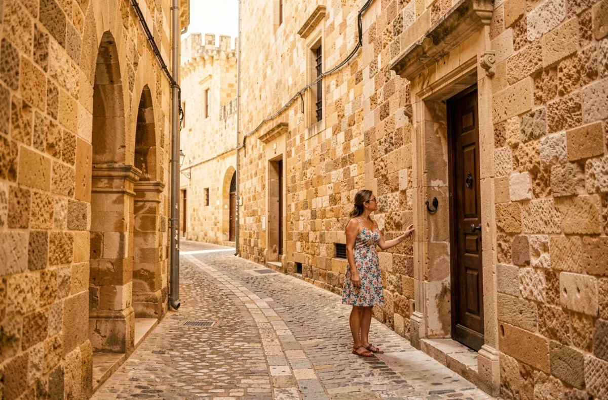 Touriste explorant une ruelle pavée de Mdina, la cité médiévale fortifiée de Malte, avec ses portes en pierre calcaire