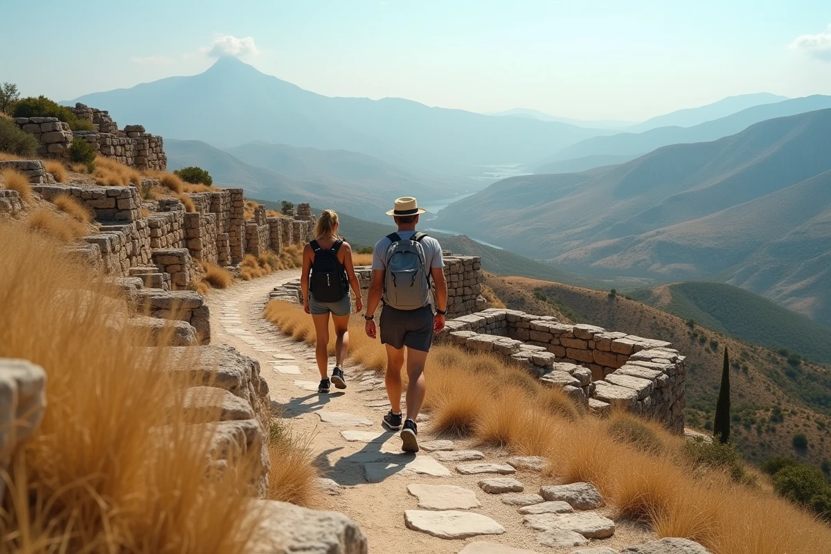 Couple visitant les ruines antiques du Palais de Phaistos sur un plateau en Crète avec vue panoramique sur la plaine de Mesara et les montagnes
