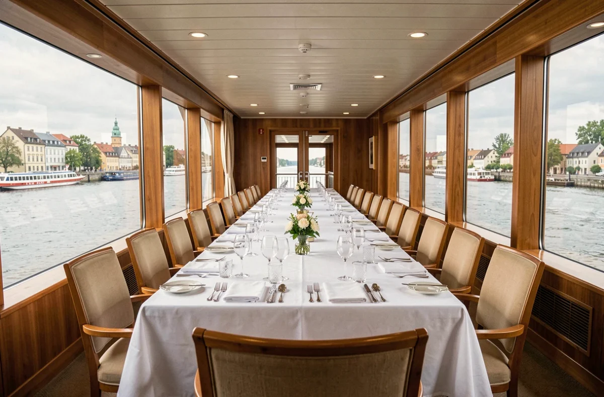 Salle à manger élégante d'un bateau de croisière sur le Rhin avec vue panoramique sur le fleuve