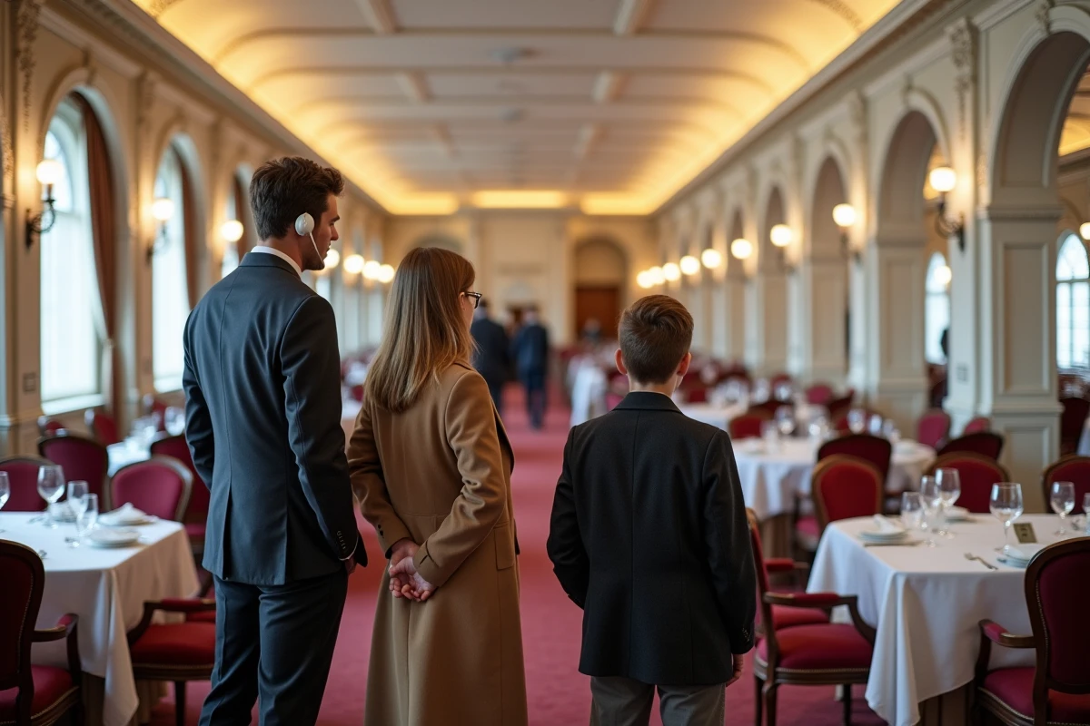 Visiteurs dans la reconstitution de la salle à manger première classe du Titanic au musée immersif de Lyon