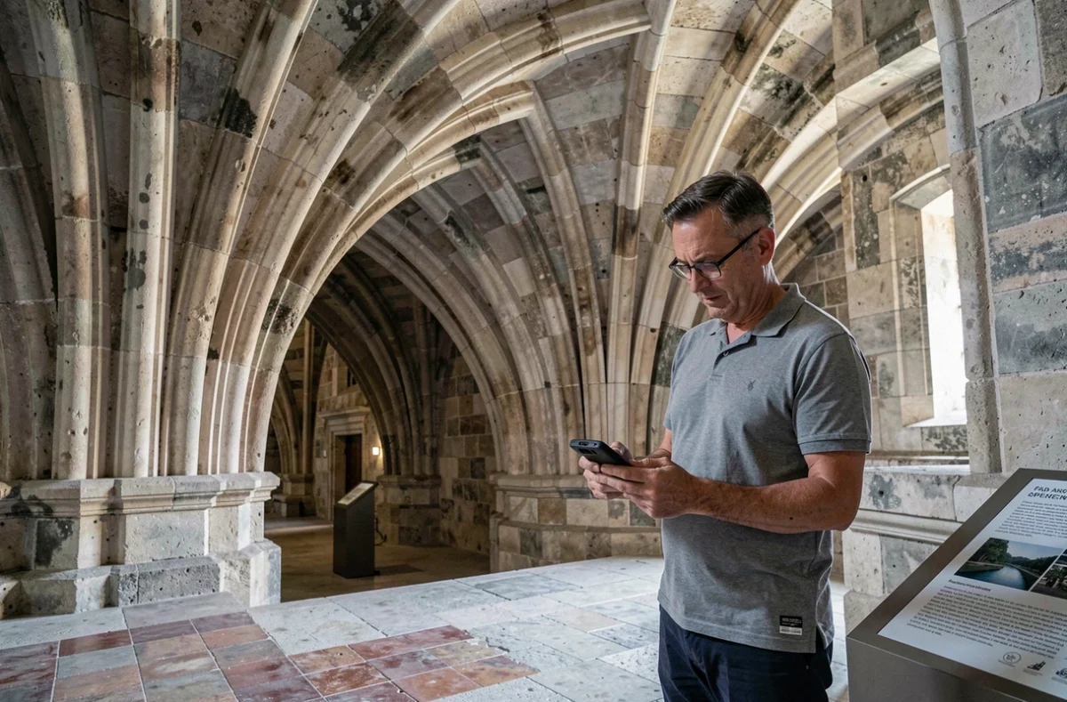 Visiteur écoutant un audioguide dans la grande salle du Tinel du Palais des Papes avec ses voûtes gothiques en ogive