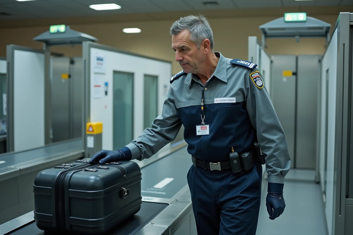 Agent de sécurité aéroportuaire inspectant une valise couverte d'autocollants au contrôle des bagages
