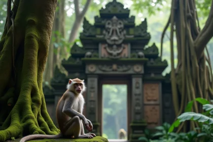 Macaque à longue queue perché sur un mur de temple en pierre mousseuse dans la forêt des singes sacrés d'Ubud, Bali, entouré de végétation tropicale dense