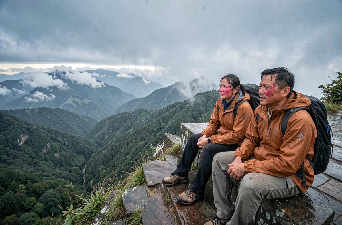Deux randonneurs au sommet du Fansipan au Vietnam contemplant un panorama de montagnes boisées et de nuages bas depuis un belvédère rocheux