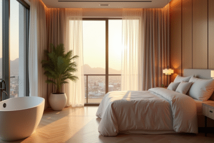 Chambre moderne avec spa privé et grande fenetre lumineuse
