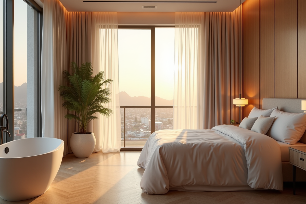 Chambre moderne avec spa privé et grande fenetre lumineuse