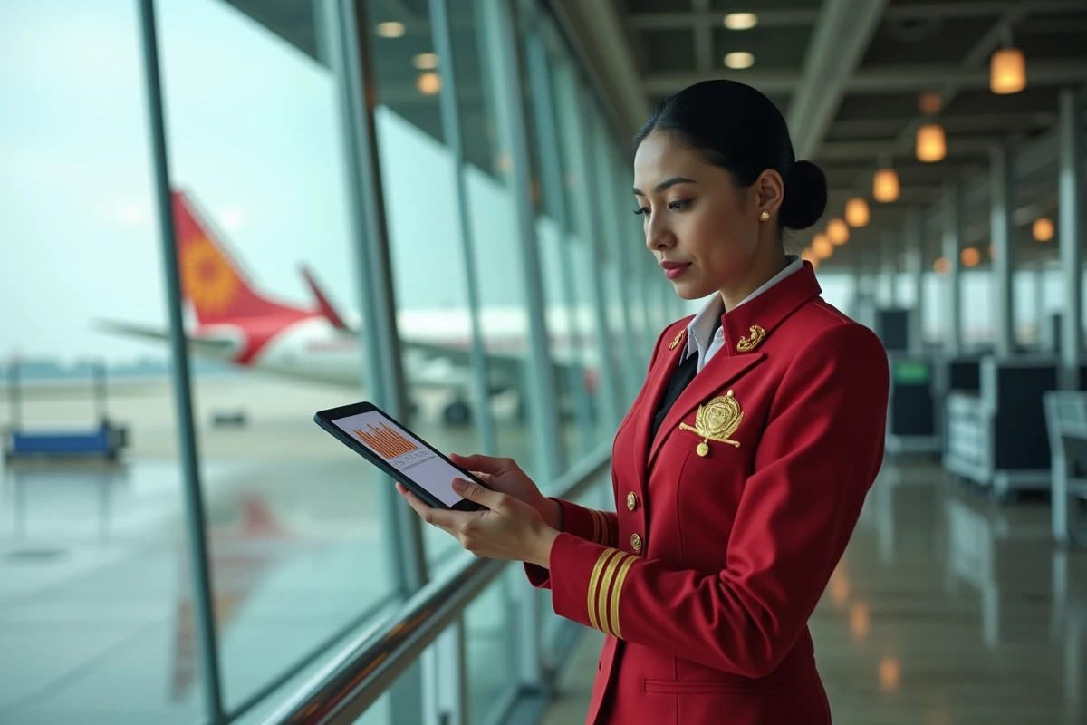 Superviseure Air India en uniforme officiel tenant une tablette avec graphique de classement dans un terminal aéroportuaire international