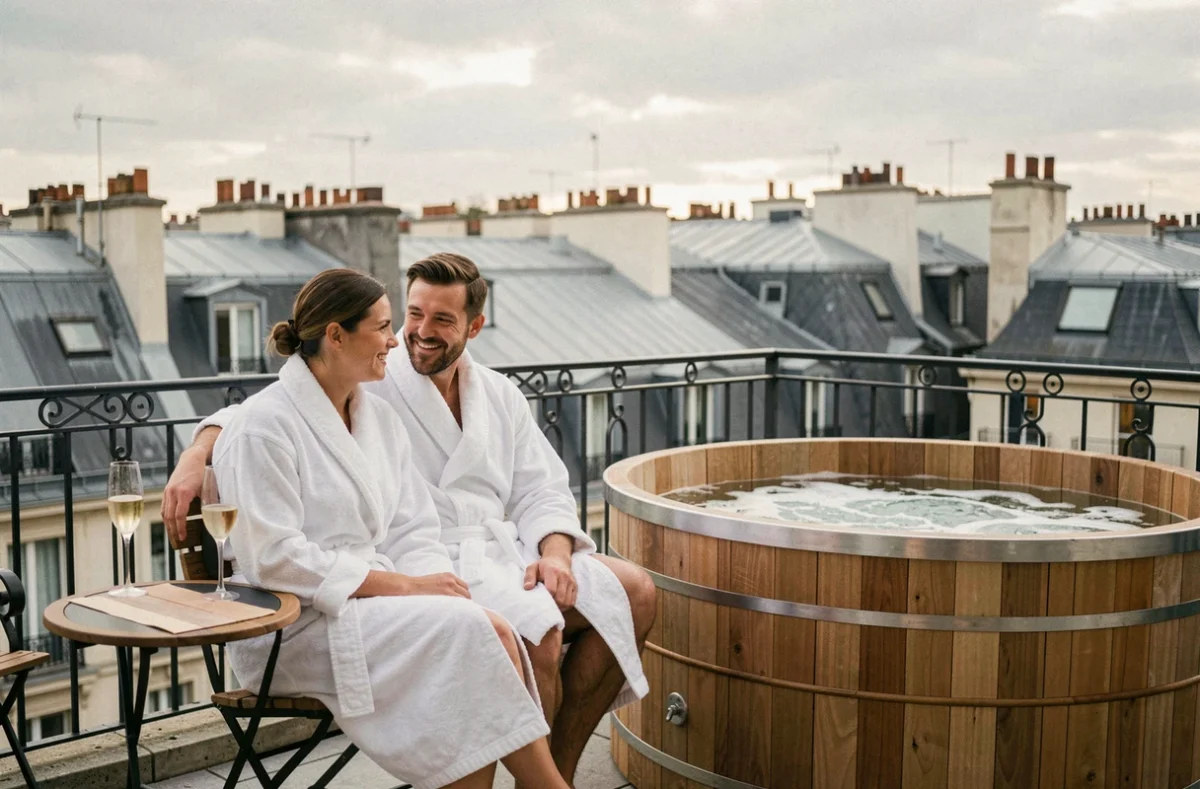 Couple en peignoir sur une terrasse d'hôtel parisien avec jacuzzi extérieur et vue sur les toits haussmanniens