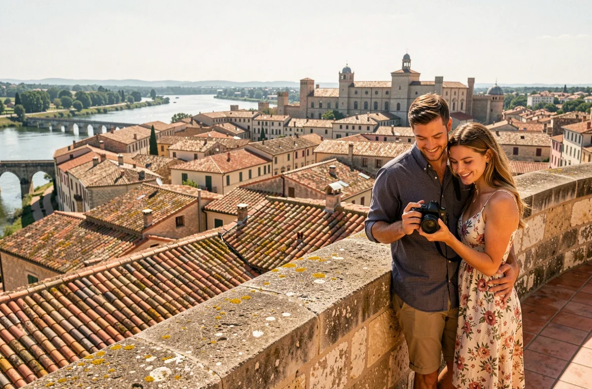 Couple de touristes sur la terrasse panoramique du Palais des Papes avec vue sur les toits d'Avignon et le Rhône
