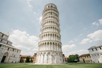 Vue en contre-plongée de la Tour de Pise depuis la Piazza dei Miracoli montrant son inclinaison caractéristique et ses galeries de marbre blanc