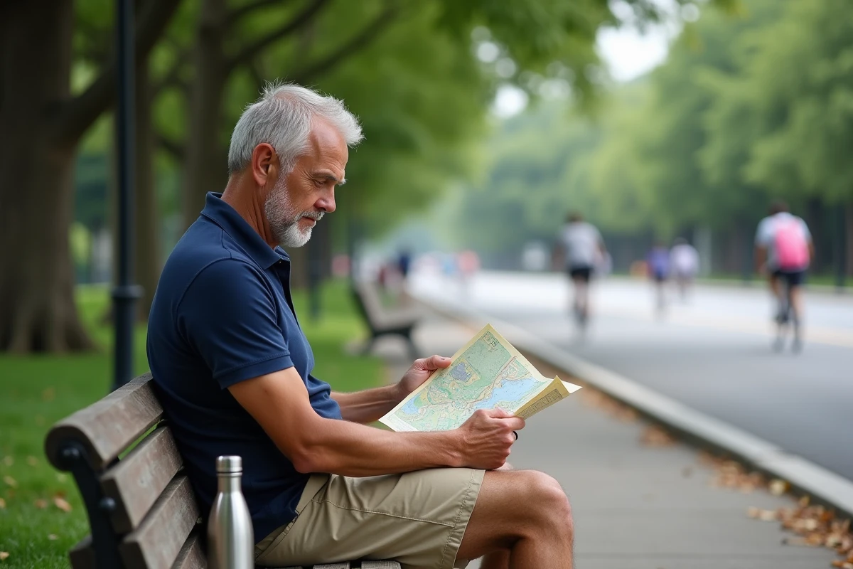 Touriste consultant une carte sur un banc dans Corona Park à New York