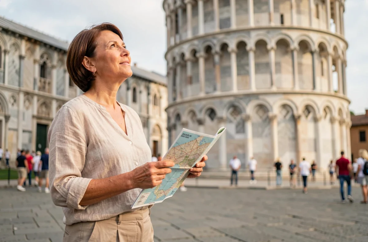 Touriste tenant une carte devant la Tour de Pise regardant vers le haut avec émerveillement lors de la visite du monument