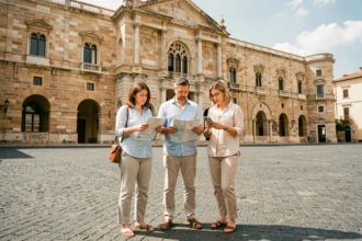 Touristes devant l'entrée du Palais des Normands à Palerme consultant des cartes et smartphones, erreur fréquente de visite sans préparation