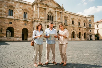 Touristes devant l'entrée du Palais des Normands à Palerme consultant des cartes et smartphones, erreur fréquente de visite sans préparation