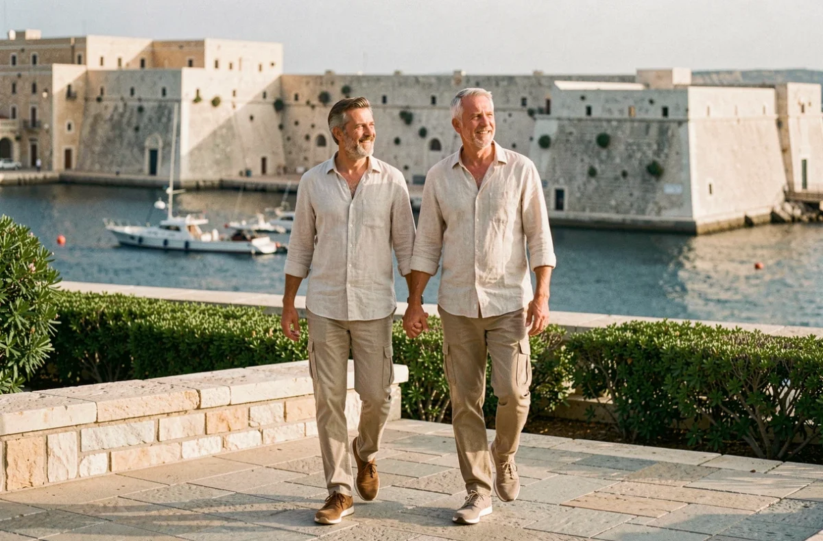Couple de touristes en escale à Malte se promenant dans les jardins Upper Barrakka avec vue sur le Grand Port