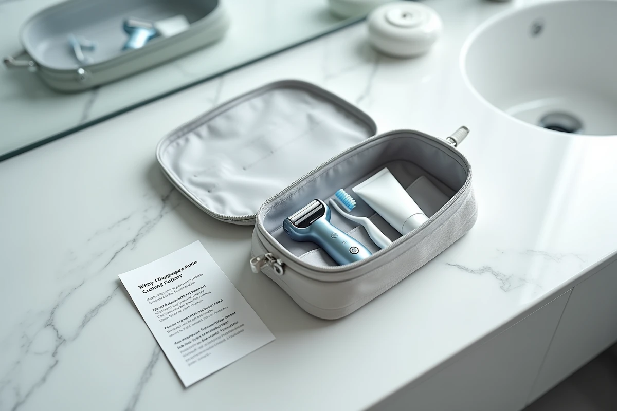 Trousse de voyage avec rasoir électrique et règles de bagages cabine posée sur comptoir en marbre