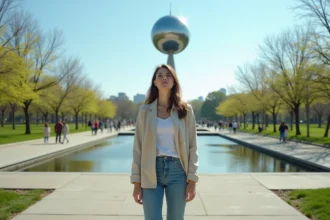 Femme admirant l'Unisphere à Flushing Meadows-Corona Park lors d'un premier séjour à New York