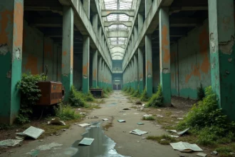 Intérieur d'une usine abandonnée avec piliers en béton fissurés, machines rouillées et végétation envahissante, atmosphère de légende urbaine