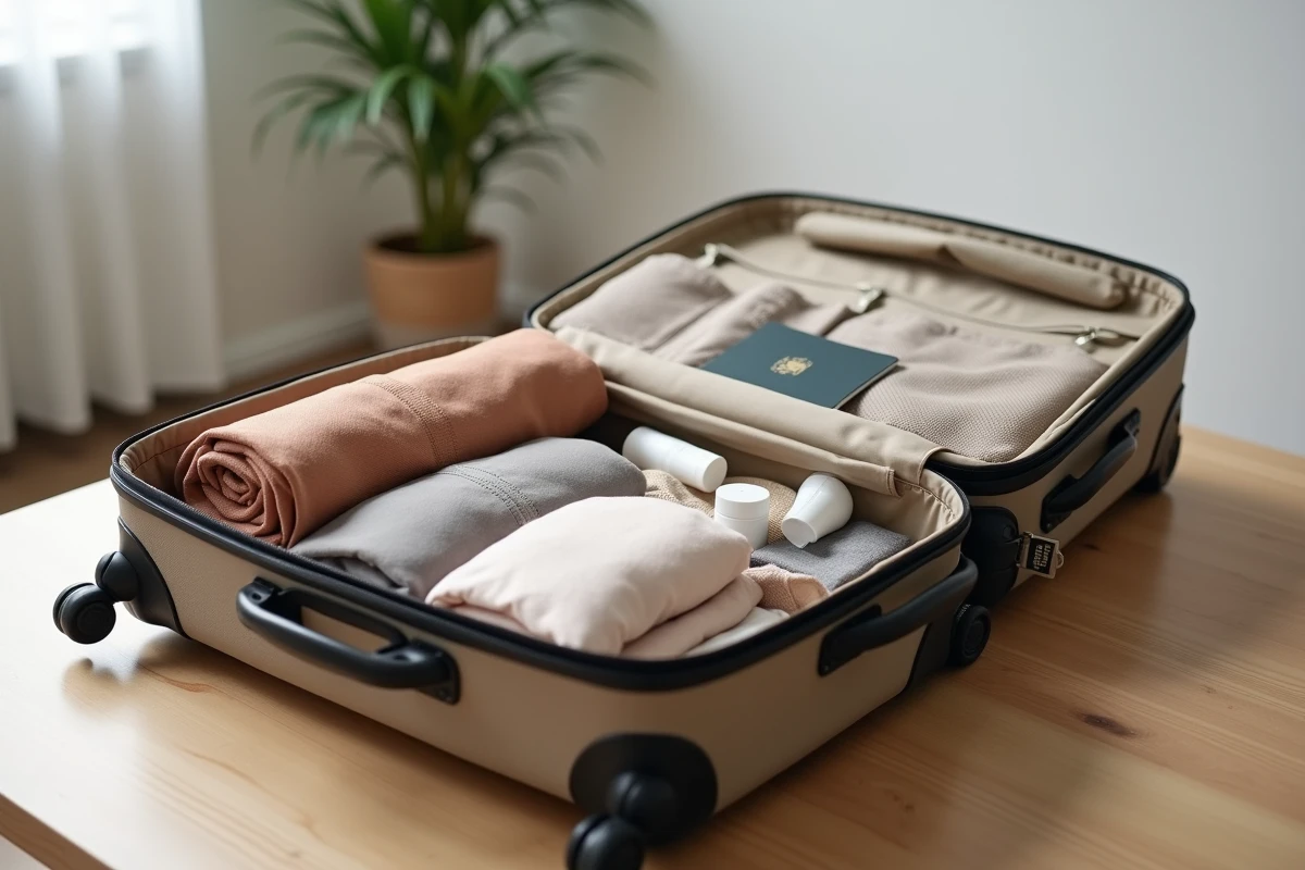 Valise de 15kg ouverte et organisée avec des vêtements roulés, des cubes de rangement et des accessoires de voyage sur une table en bois
