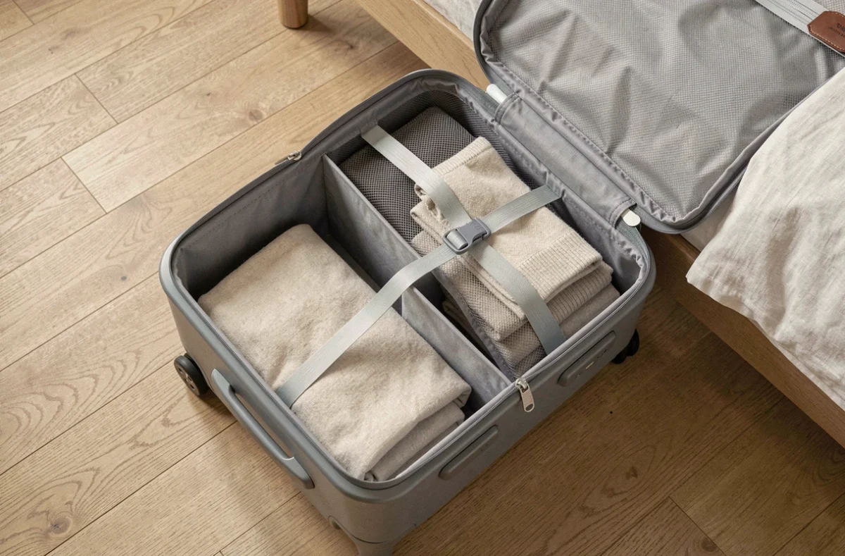 Vue aérienne d'une valise cabine ouverte sur le sol d'une chambre d'hôtel, montrant l'organisation intérieure, les poches et les détails de construction du bagage