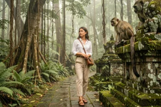 Jeune femme visitant le Monkey Forest de Bali avec un sac bandoulière fermé sur un chemin en pierre moussu entouré d'arbres banyan et de singes macaques