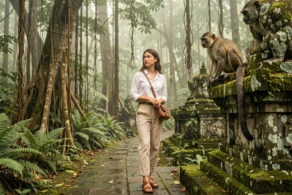 Jeune femme visitant le Monkey Forest de Bali avec un sac bandoulière fermé sur un chemin en pierre moussu entouré d'arbres banyan et de singes macaques