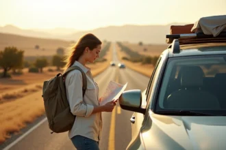 Femme consultant une carte routière appuyée sur son SUV sur l'autoroute californienne entre Los Angeles et San Francisco