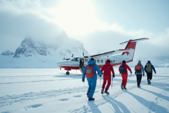 Groupe de touristes en hiver embarquant dans un petit avion en Antarctique