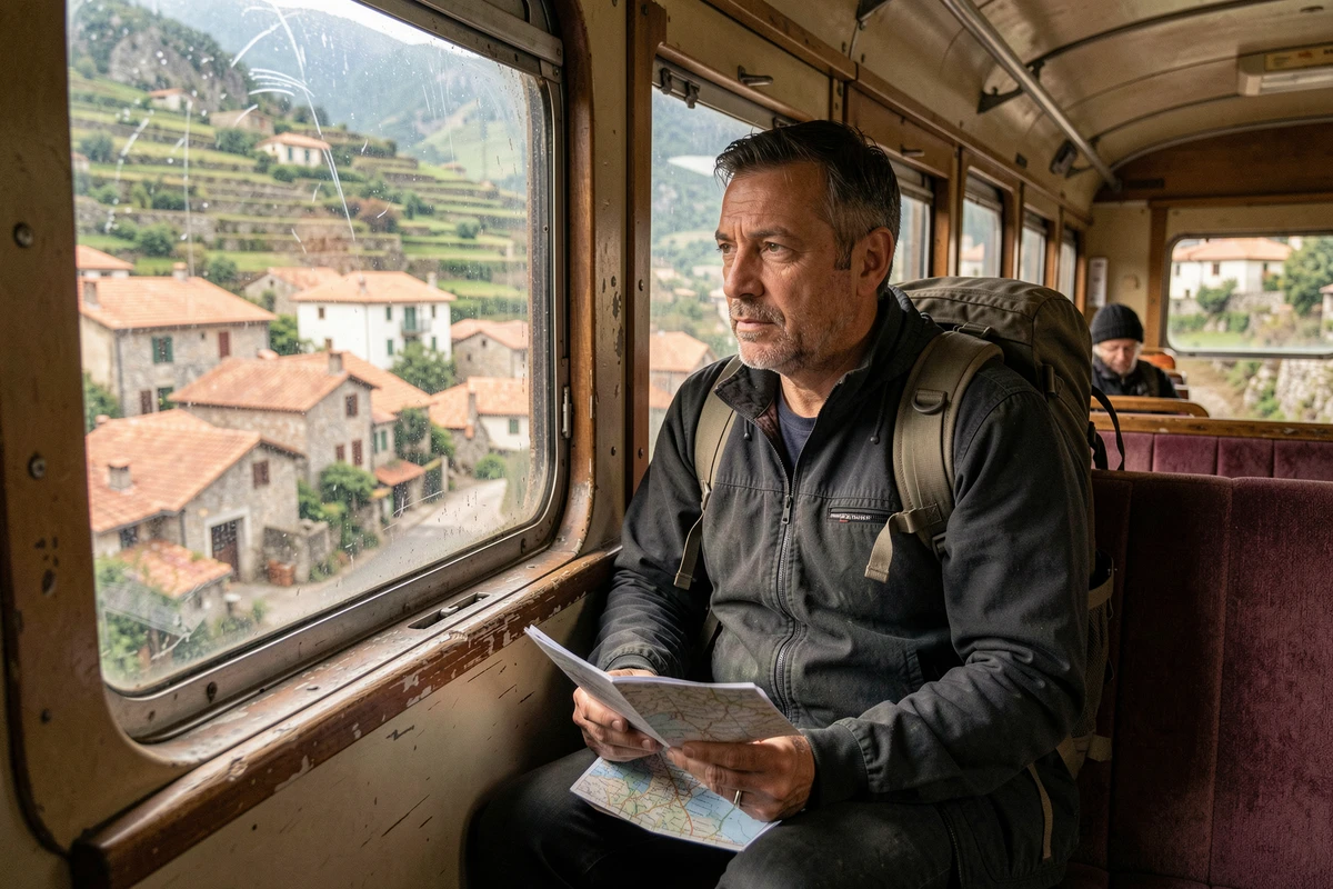 Voyageur regardant par la fenêtre de la micheline corse avec une carte papier lors d'un week-end sans voiture