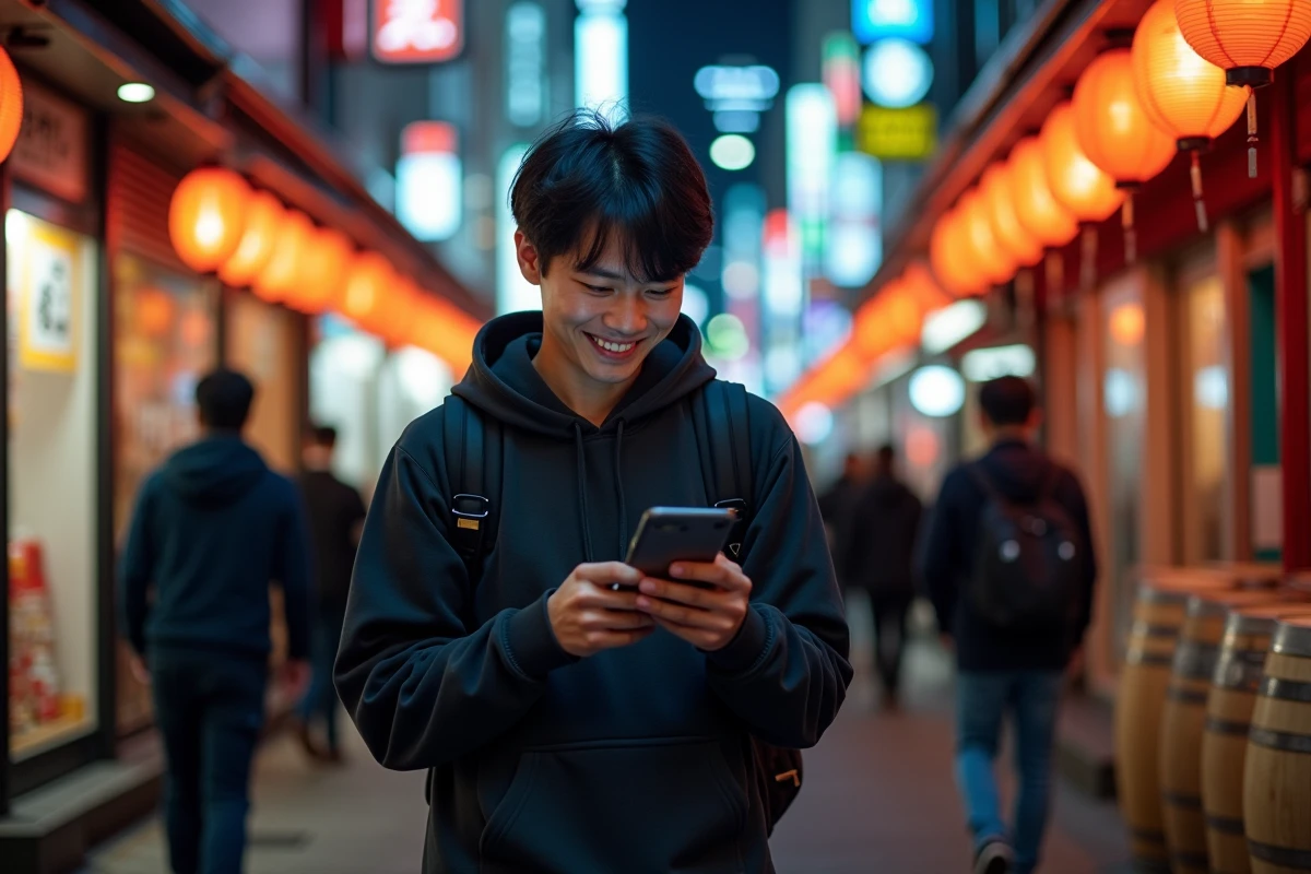 Voyageur solo marchant dans les ruelles animées de Shinjuku la nuit avec des enseignes lumineuses japonaises