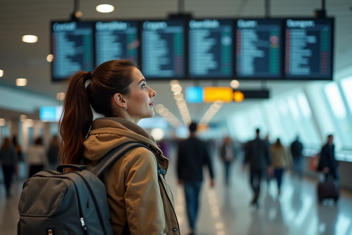 Voyageuse consultant les départs pour Bangkok dans un aéroport parisien